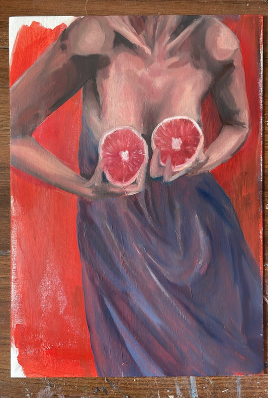 Artistic depiction of a figure with grapefruit slices over their chest against a red background oil painting print a4