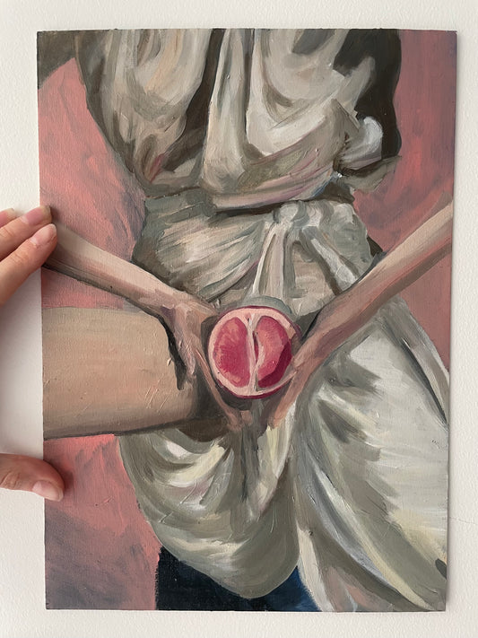 Artistic depiction of a woman holding a half-eaten grapefruit with a red interior. Oil painting print a4