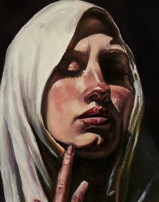 Artistic depiction of a woman in a white headscarf with a hand near her face against a dark background oil painting print a4