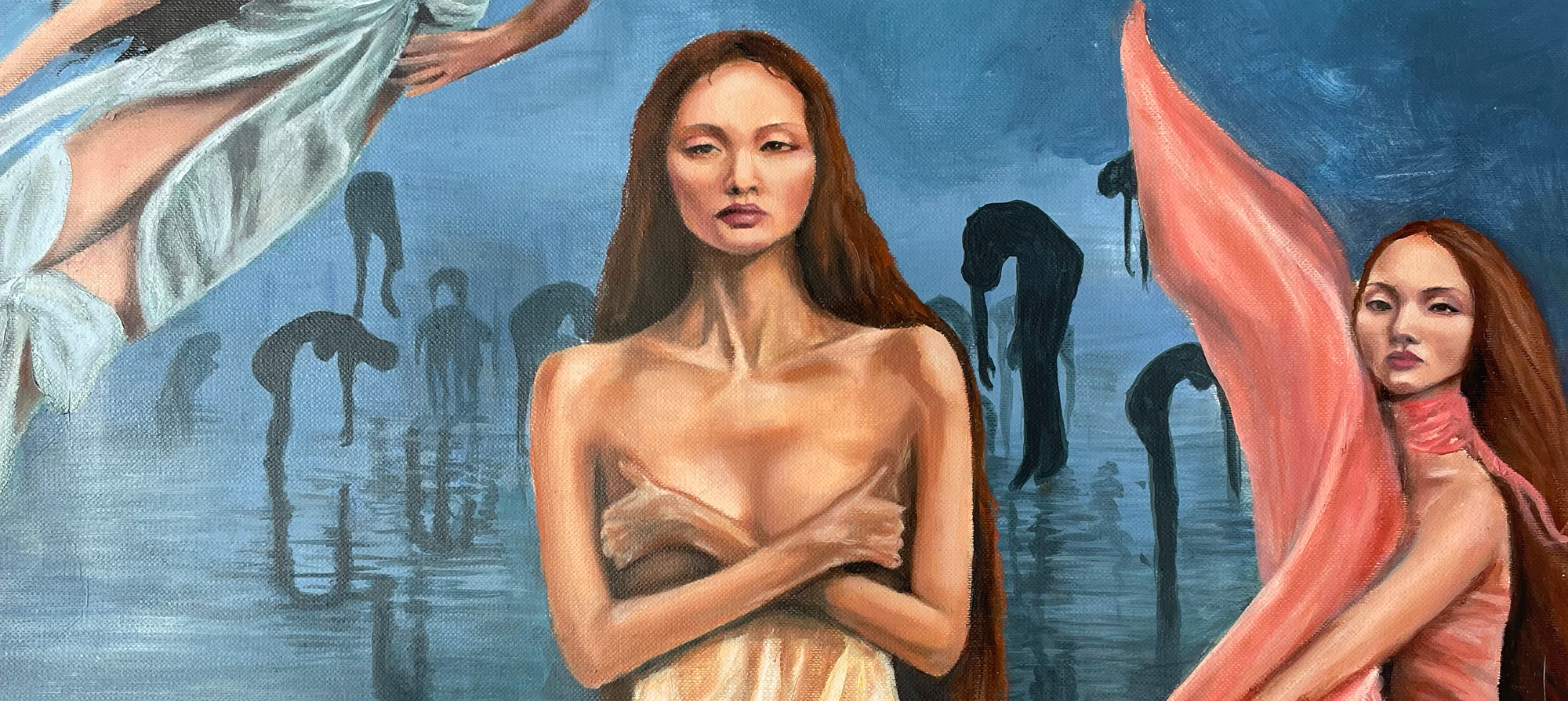 Artistic depiction of three women in flowing dresses against a blue background with black figures. Birth of Venus oil painting print a4