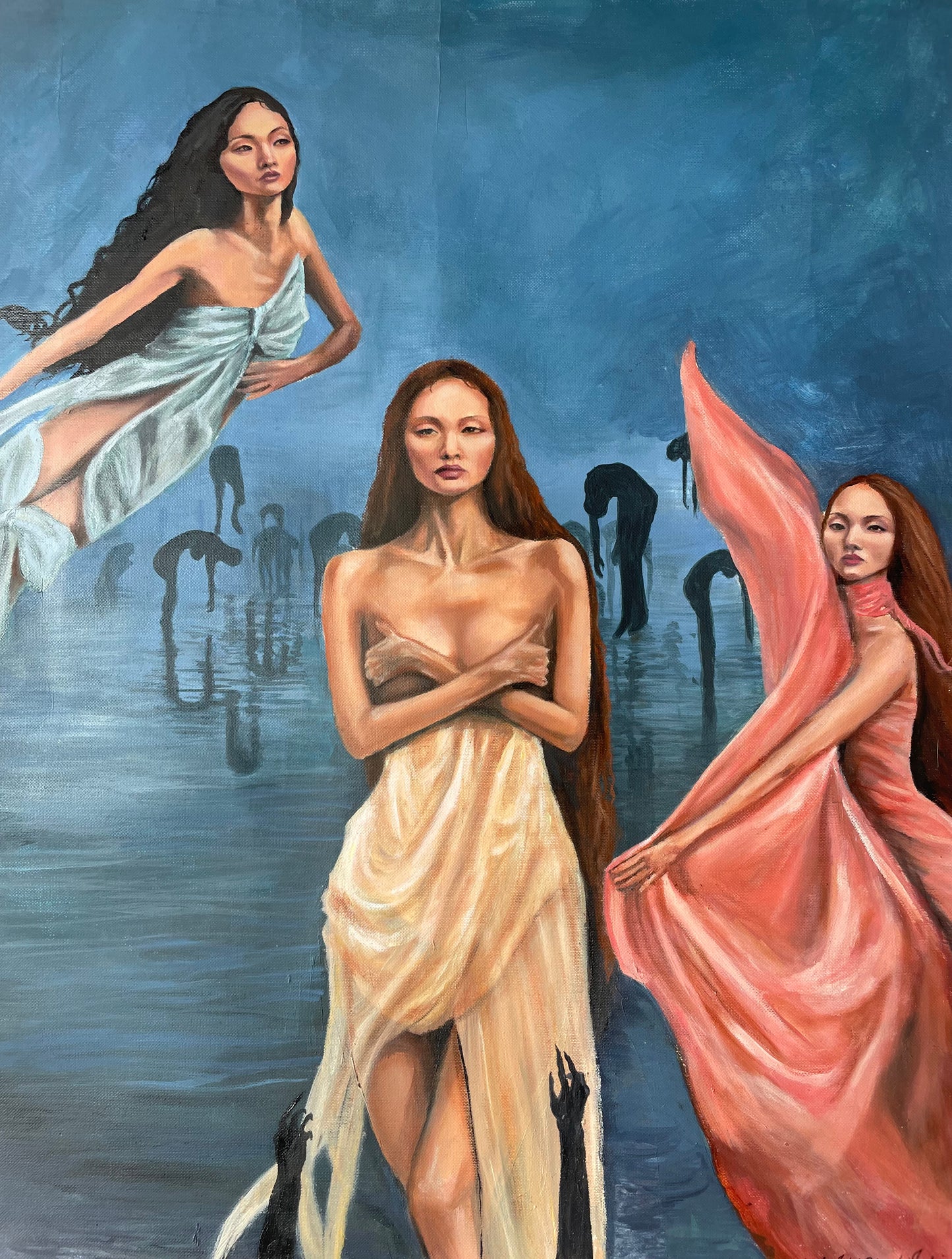 Artistic depiction of three women in flowing dresses against a blue background with black figures. Birth of Venus oil painting print a4