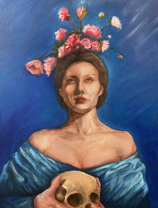 Artistic depiction of a woman with flowers in her hair and a skull in her hands against a blue background oil painting print a4