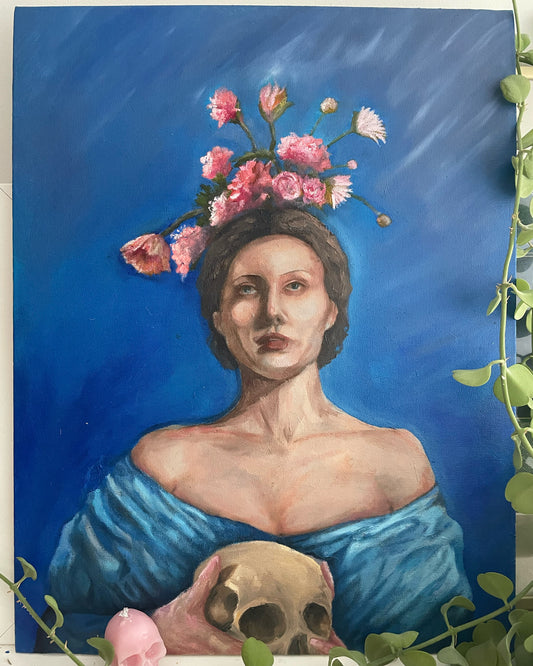 Artistic depiction of a woman with flowers in her hair and a skull in her hands against a blue background oil painting print a4