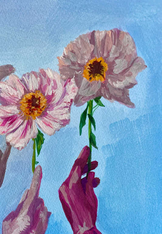 Artistic depiction of hands holding flowers against a blue background gouache painting print 4