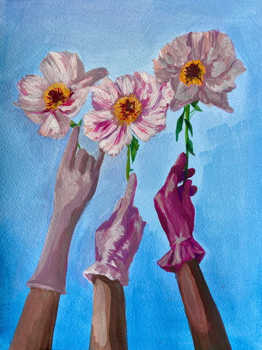 Artistic depiction of hands holding flowers against a blue background gouache painting print 4