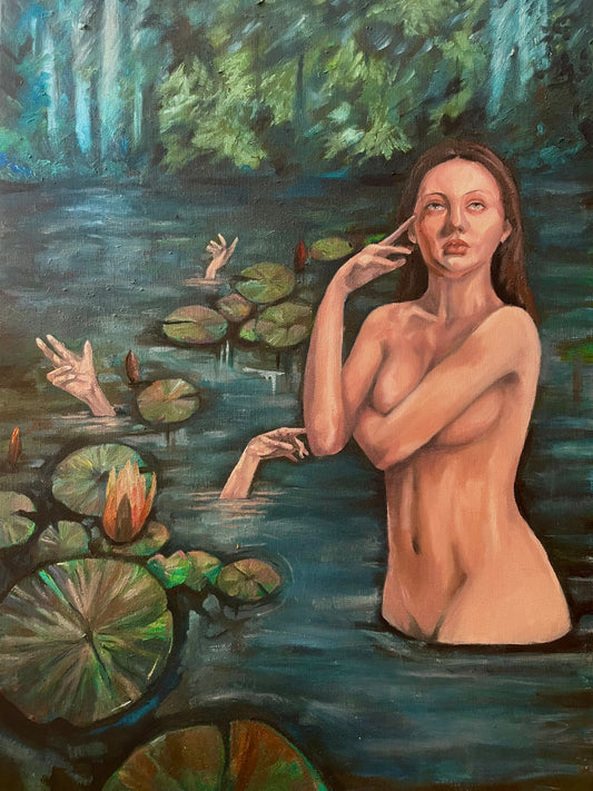 Nude woman in water with lily pads and floating hands in a forest setting oil painting print a4