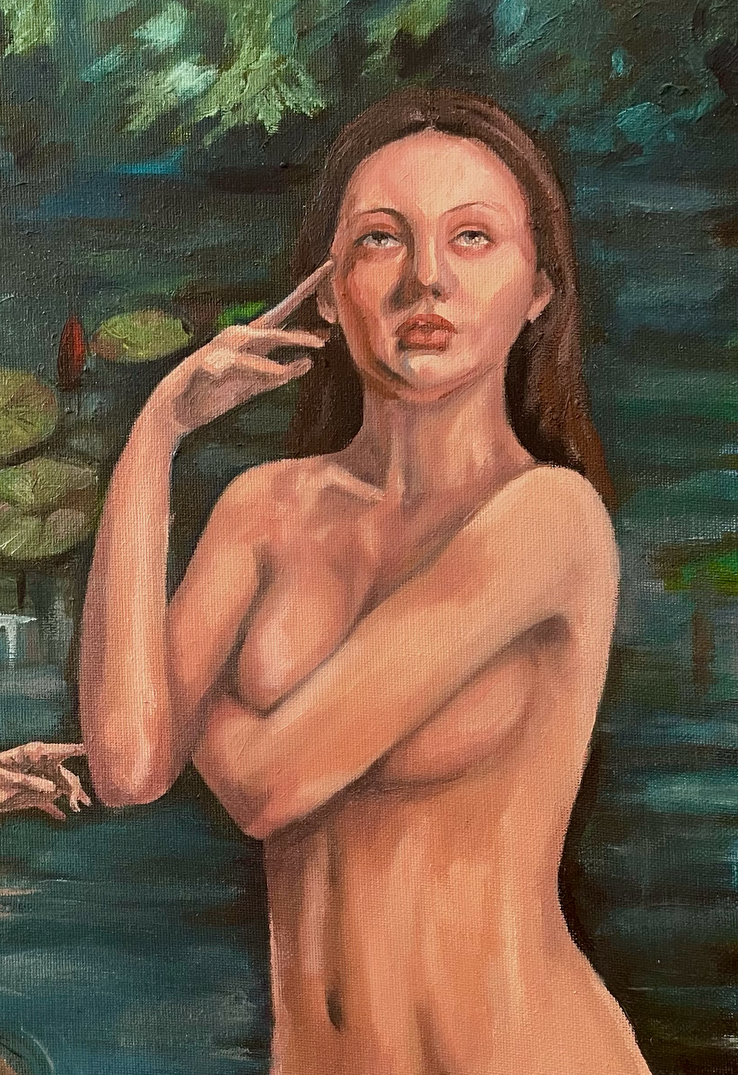 Nude woman in water with lily pads and floating hands in a forest setting oil painting print a4