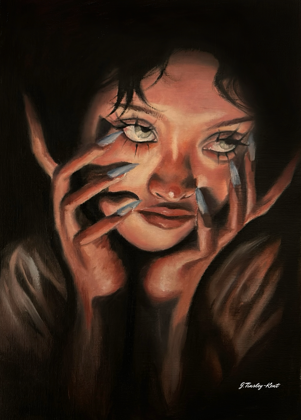 Artistic depiction of a woman with a dark background candlelight oil painting print a4