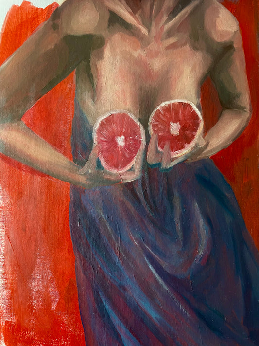 Artistic depiction of a figure with grapefruit slices over their chest against a red background oil painting print a4