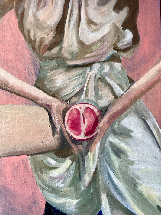 Artistic depiction of a woman holding a half-eaten grapefruit with a red interior. Oil painting print a4