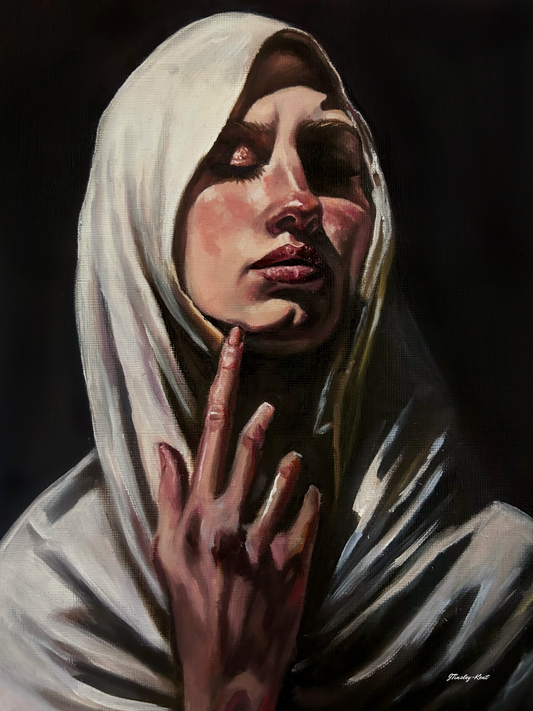 Artistic depiction of a woman in a white headscarf with a hand near her face against a dark background oil painting print a4