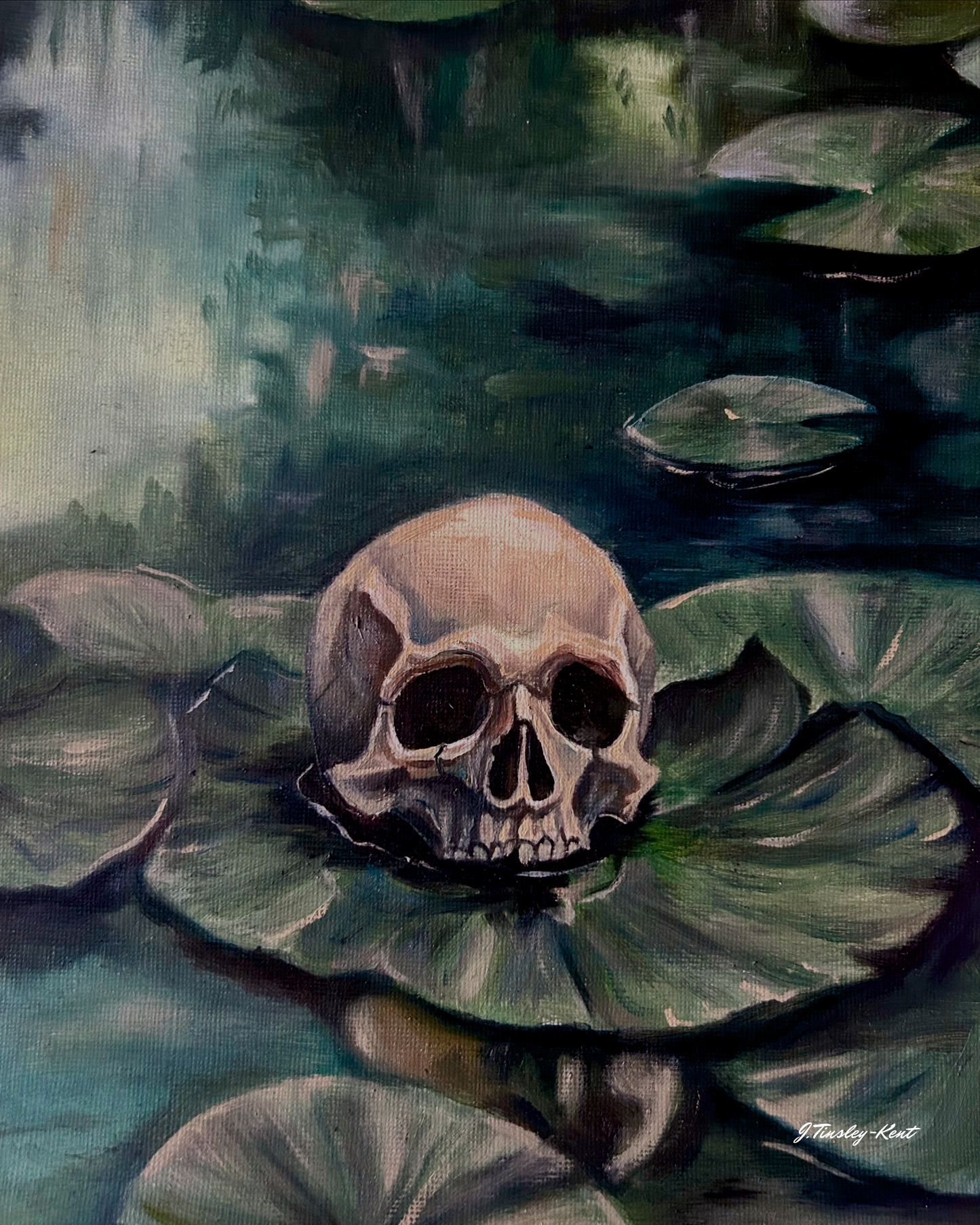Skull on a lily pad with water lilies in the background Lord of the Rings oil painting print a4