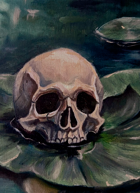 Skull on a lily pad with water lilies in the background Lord of the Rings oil painting print a4