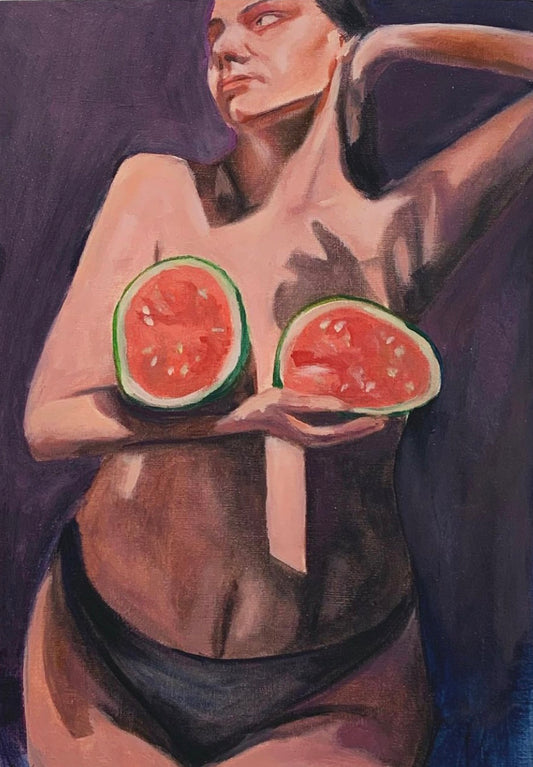 Artistic depiction of a person holding watermelons against a dark background oil painting print a4
