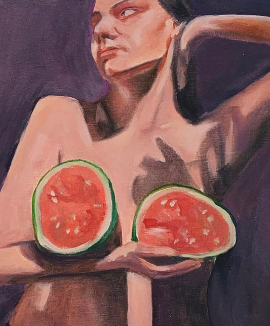 Artistic depiction of a person holding watermelons against a dark background oil painting print a4